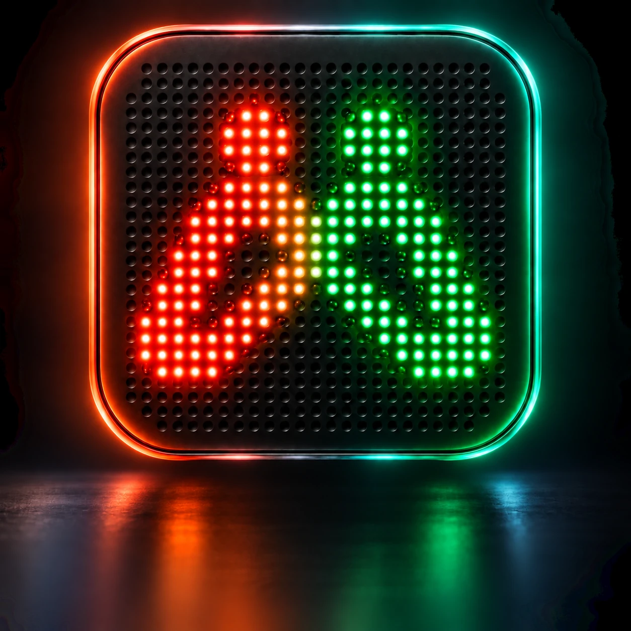Orange and mint dot-matrix figures glowing together on a dark badge.