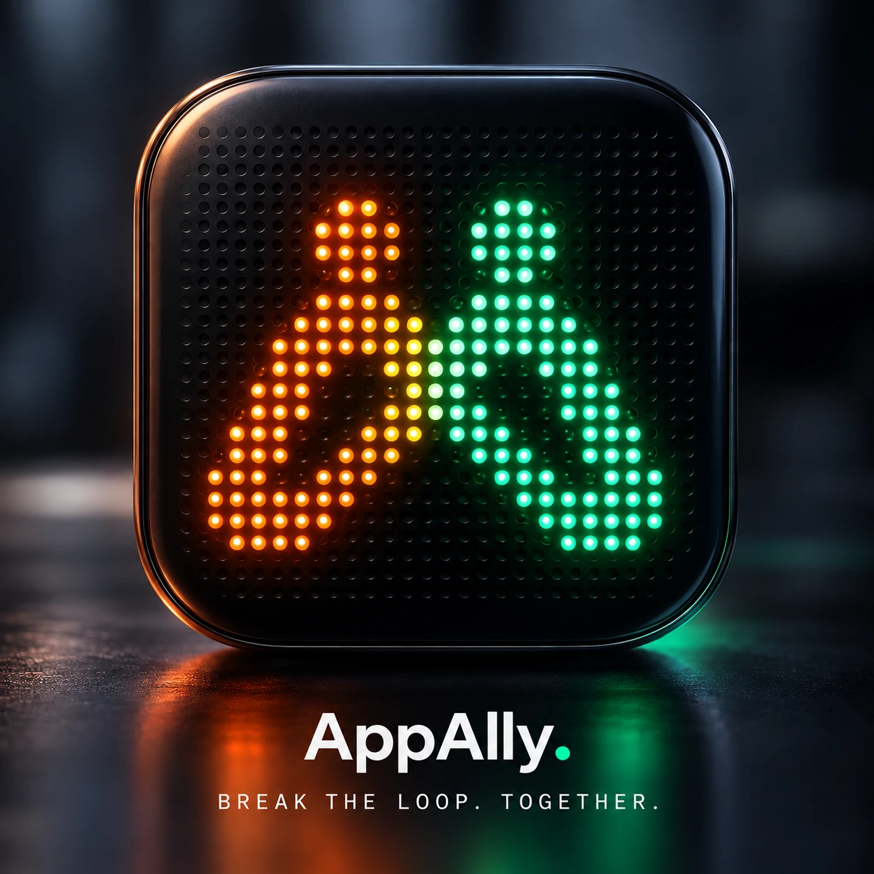 A black illuminated AppAlly device displaying an orange and green open lock